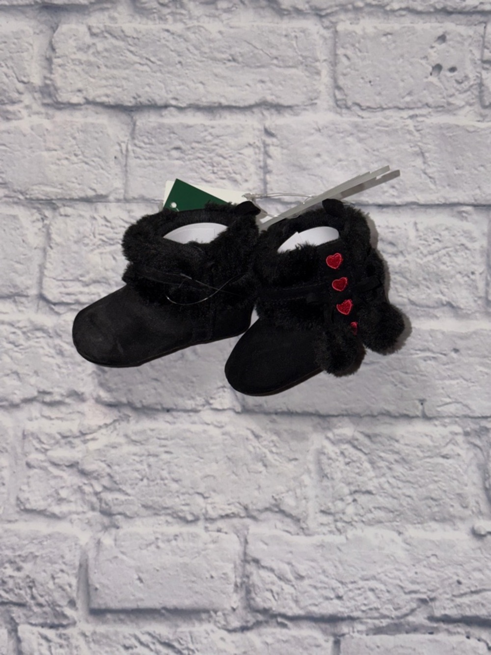 Laura Ashley Black Faux Fur Baby Booties with Red Heart Trim